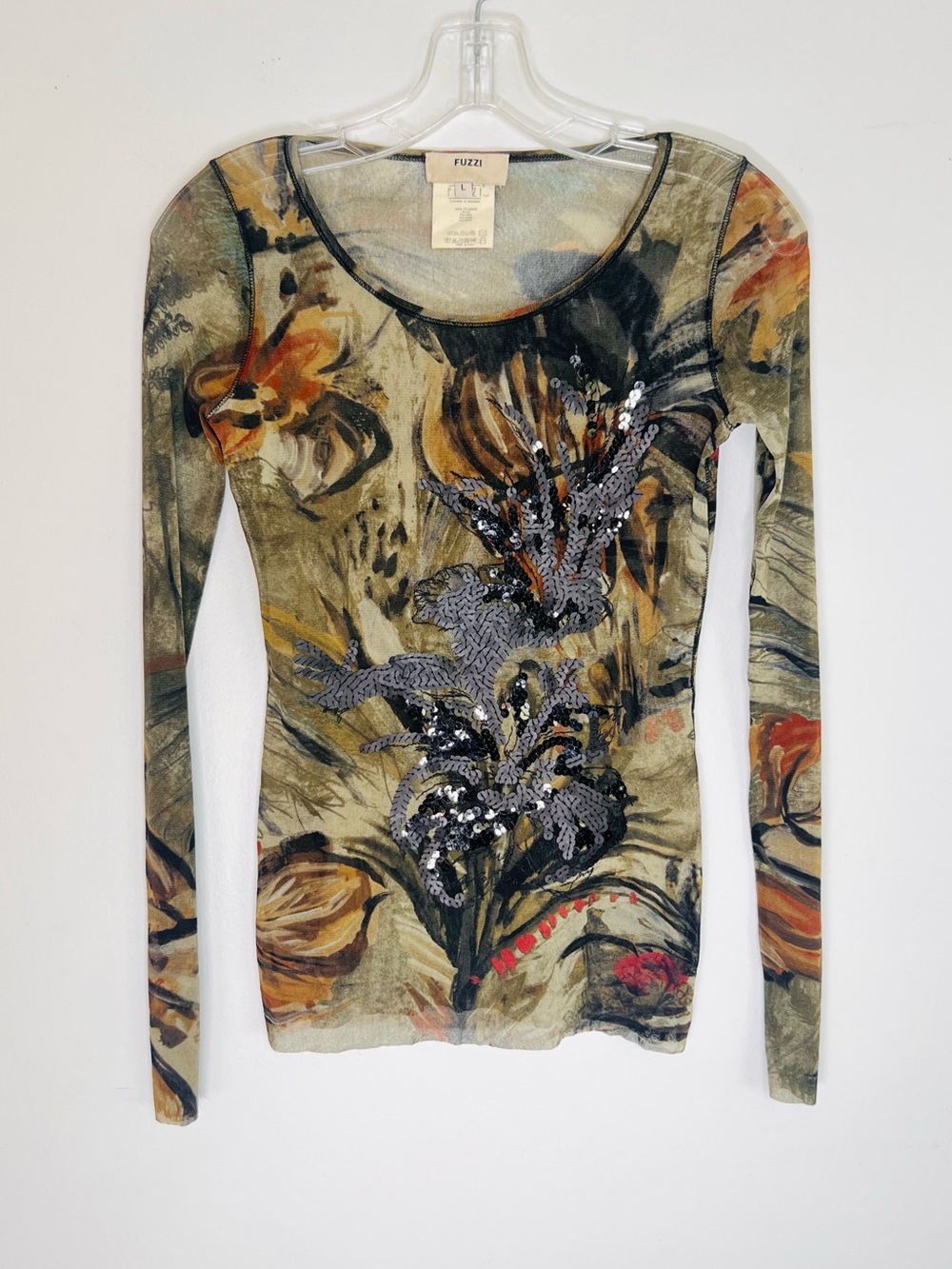 Vintage 90s Fuzzi Italy Floral Sequin Botanical Mesh Long Sleeve Top Y2K  Sz L